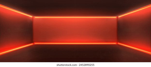 Red studio room with neon light lamps on walls. Realistic 3d vector illustration of abstract perspective background with glowing fluorescent tubes for products display. Futuristic electronic interior