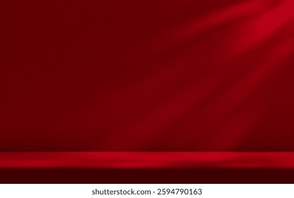 Red studio room wall, illuminated by sunlight through foliage with tabletop. Product presentation template.