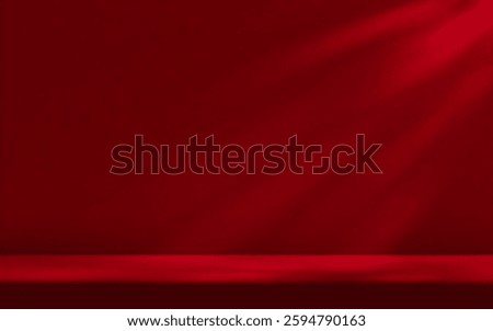Red studio room wall, illuminated by sunlight through foliage with tabletop. Product presentation template.