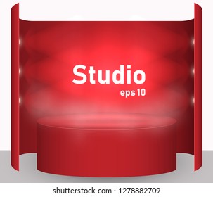 Red studio table lit by lanterns. Free space for product presentation. Vector illustration.