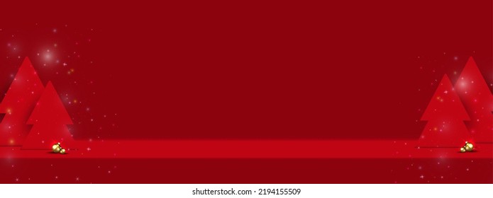 Red studio table room background with gold balls and tree Space for product display, advertising, and show on Christmas day.