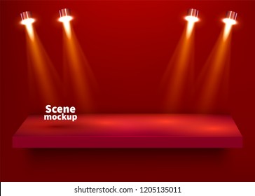 Red studio table room. Product display with copy space. Web banner background.