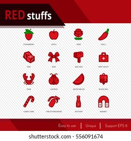 Red stuffs vector icons set on white background.  Premium quality outline symbol 
collection. Stroke vector logo concept, web graphics.