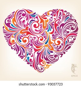 Red stylish heart with floral ornament, vector illustration