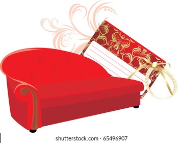 Red stylish sofa with gift card. Vector