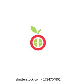 Red stylized apple with leaf icon. Flat pictogram isolated on white. Vector illustration. Healthy food logo.