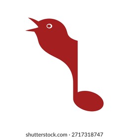 A red stylized bird with an open beak, its body cleverly formed by a musical note, symbolizing song and harmony on a clean white background.