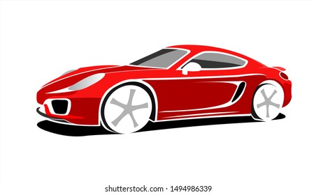 Red Stylized Car, Side view, Three-quarter view. Fast Racing car. Sport car. Modern flat Vector illustration on white background.