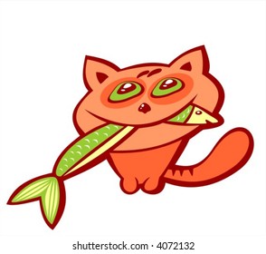 The red stylized cat with fish in a teeth.