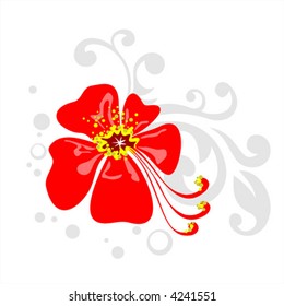 The red stylized flower with a grey vegetative pattern on a white background.