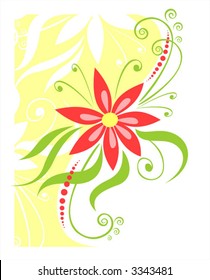 The red stylized flower with leaves and curls on a white-green background.