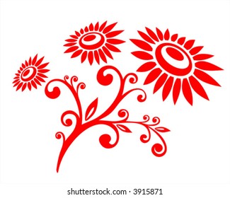 The red stylized flowers with curls on a white background.