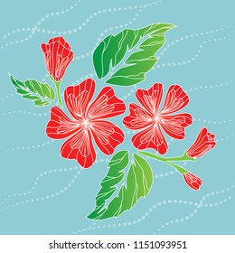 Red stylized flowers on a blue background. Can be used as a seal on different surfaces, it will look good on the fabric.