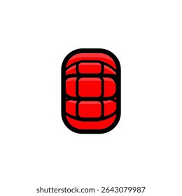 Red stylized form resembles segmented shape illustration