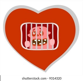 Red stylized  heart  with prisoner isolated over white background. Valentine's illustration.