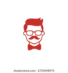Um ícone estilizado vermelho com a cabeça de um homem com óculos, um bigode e uma gravata borboleta.