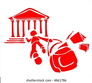 Red stylized image of the child running in school with books dropping out of a school bag.