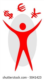 The red stylized silhouette of the person juggling symbols of world currencies.