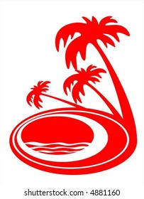 Red stylized silhouettes of three palm trees on a white background.