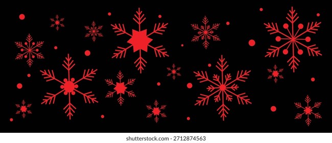 Copos de nieve estilizados rojos y puntos se desplazan a través de un lienzo negro profundo creando un llamativo patrón de vacaciones de invierno de alto contraste perfecto para fondos festivos, papel de regalo o gráficos modernos de temporada