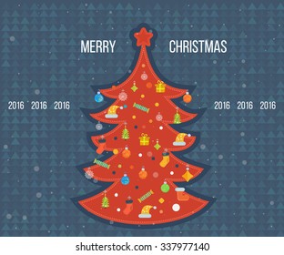 Red stylized tree with a star, Christmas ornaments and gift. Happy New Year. Cute invitation card with a Christmas tree and space for text. Merry Christmas greeting card design.