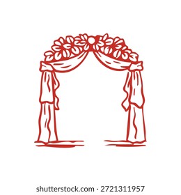 Un arco de boda estilizado rojo decorado con delicadas flores y tela drapeada sobre un fondo blanco.