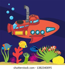 Red submarine in a coral reef surrounded by coral fish. Flat design