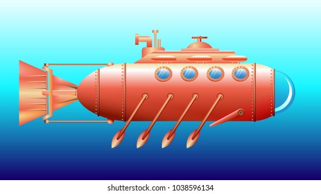 Red submarine with oars and porthole Windows on the blue gradient background.