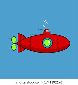 Red submarine with periscope, cartoon bathyscaphe, flat design of underwater ship, in blue background.