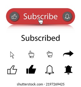 Botón de suscripción roja con blog, canal de video e iconos de medios sociales establecidos, ilustración vectorial.
