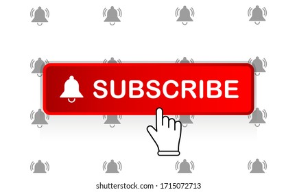 Red subscribe button with mouse pointer and notification bell icon flat in modern colour design concept on isolated white background. EPS 10 vector.