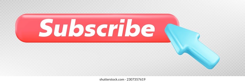 Red subscribe button vector with arrow click icon for channel or blog. Cursor internet sign to follow online news, streaming video service or keep feed information. 3d register concept promotion