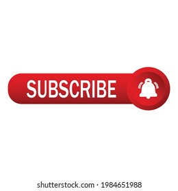 Botón rojo de suscripción con el icono de timbre blanco dentro de forma redonda y efecto de texto en un fondo blanco, ilustración vectorial para el concepto de negocio, pictograma de suscripción.