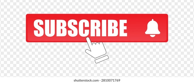 Red subscribe button with white text and a hand cursor clicking on it, accompanied by a bell icon