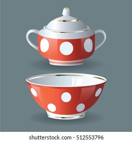Red sugar-bowl and soup bowl with white dots. Kitchenware vector illustrator.