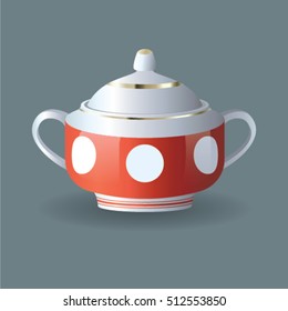 Red sugar-bowl with white dots. Kitchenware vector illustrator.