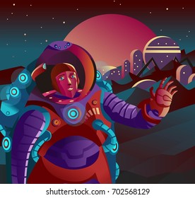 red suit astronaut on planet base