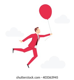 Red suit businessman flying with red balloon. Vector concept illustration.