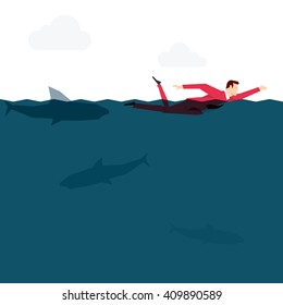 Red suit businessman in the ocean. Vector concept illustration.