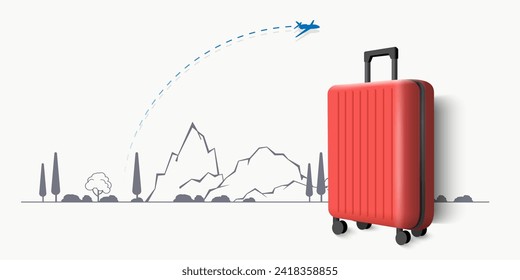 Red suitcase 3d style with different travel elements