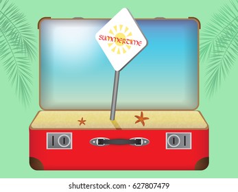 red suitcase with a beach and a sign of "summertime"