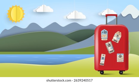 Red suitcase decorated with international airport tags standing in front of a beautiful landscape with hills, lake, and sun in flat paper cut style. Travel suitcase in nature. Vacation luggage vector