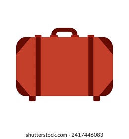 Red suitcase with handle. Luggage for traveling by plane, train, car and bus. Retro design. Leather accessory for hand luggage. Flat vector illustration