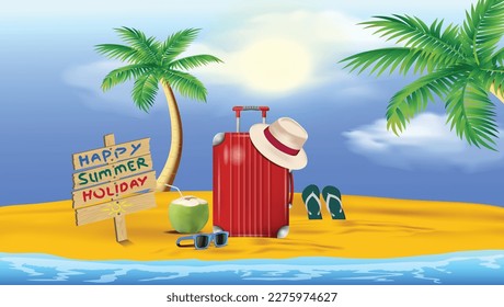 Ein roter Koffer mit einem Hut und einer Sonnenbrille darauf mit einer Palme am Strand.