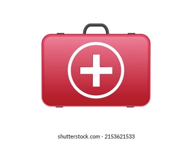 Red suitcase of medical aid. Symbol of emergency assistance with white cross in circle first aid equipment and vector treatment