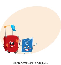 Red suitcase and passport characters, travelling, vacation concept, cartoon vector illustration with place for text.
