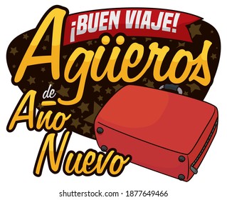 Red suitcase and ribbon over starry sign and greetings announcing omen to travel a lot in the New Year (texts written in Spanish).