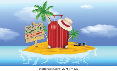 A red suitcase with a sign that says happy summer holiday on it.