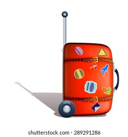 red suitcase with stickers  on white background stroked