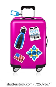 Red suitcase for travel with stickers